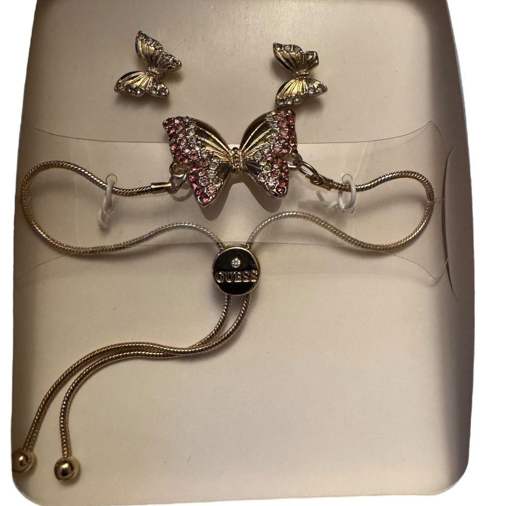 Guess Pave Butterfly Slider Bracelet & Stud Earrings Set Jewelry Set - Picture 3 of 4